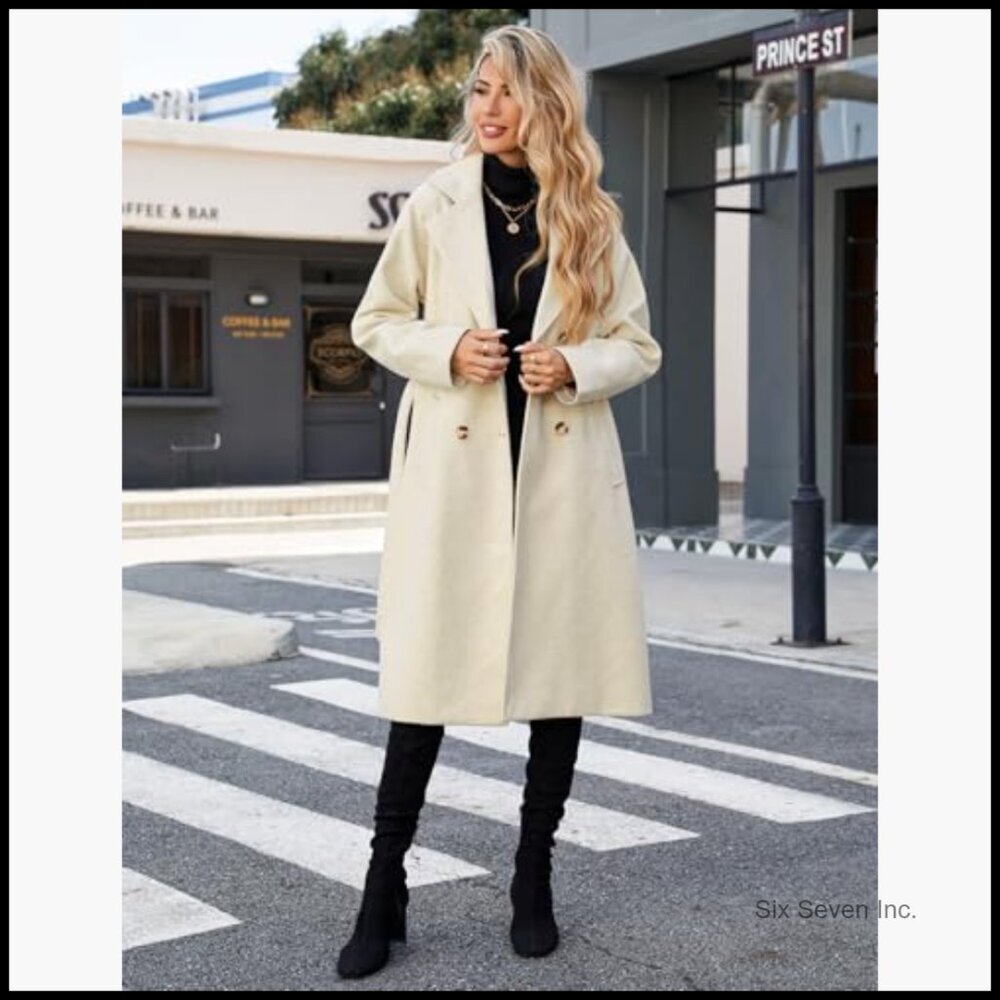 Wool Blend Pea Coat with Belt, Double Breasted Trench Coat - Picture 2 of 7